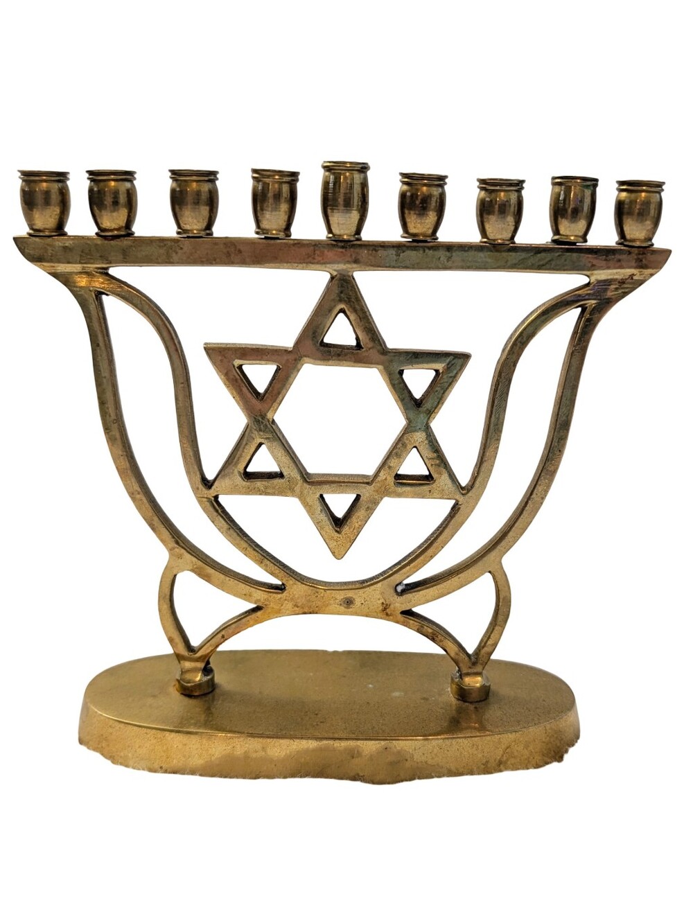 Vintage Brass Hanukkah Menorah Nine Branch Prominent Star Of David Judaica